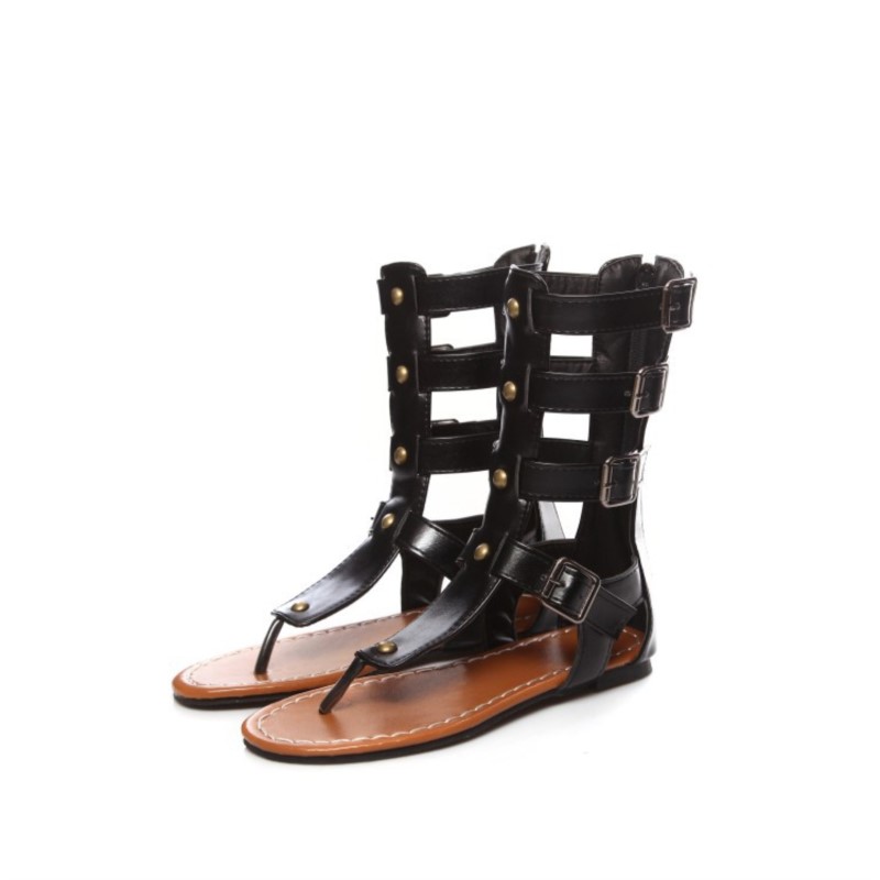 KNCOKAR Summer 2022 Flip Flop Toe Flat Sandals Studded Buckle Strap Design Brown Black Gladiator Sandals Women Shoes Size