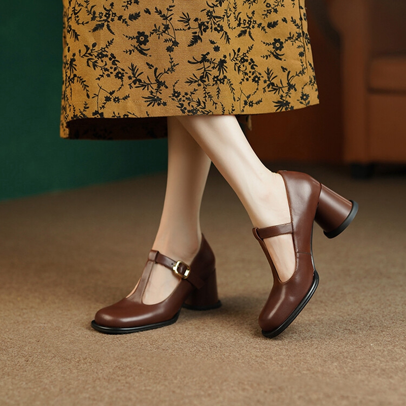 2025 new Spring 2023 Pumps Split Leather for Women Toe Chunky Retro Round Heel Mary Janes Solid Black Shoes 0d29