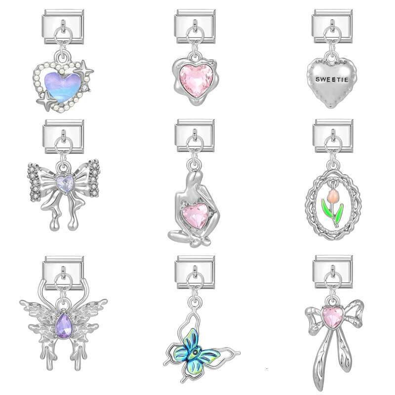 New Women's Gift Beautiful butterfly sweet heart Pendant Italian Charms Links Bangle Beads Fit 9mm Stainless Steel Bracelet Making DIY For Women 