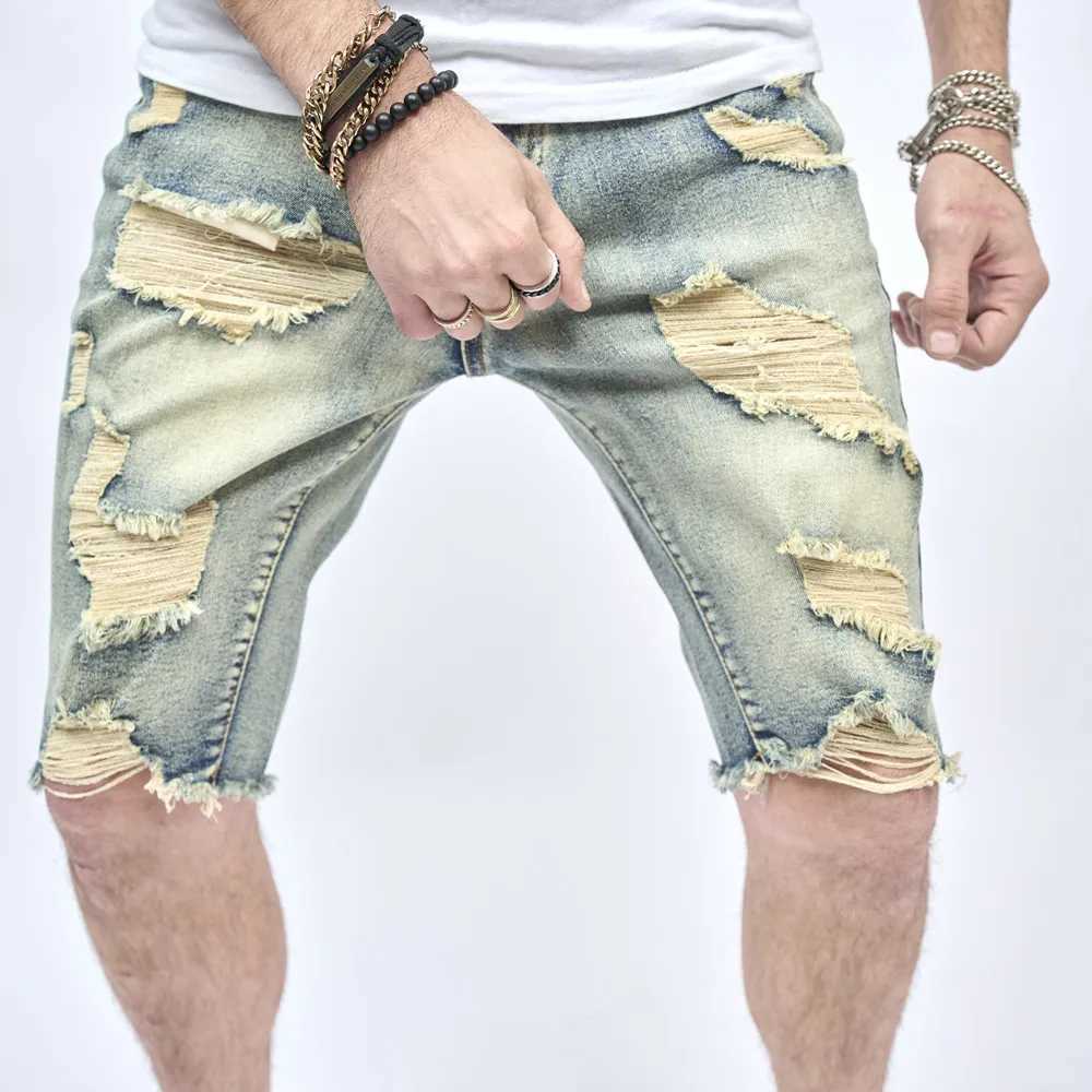 Summer Retro Style Ripped Men Slim Denim Shorts Stylish Cotton Men Street Holes Casual Beach Straight ShortsX240914