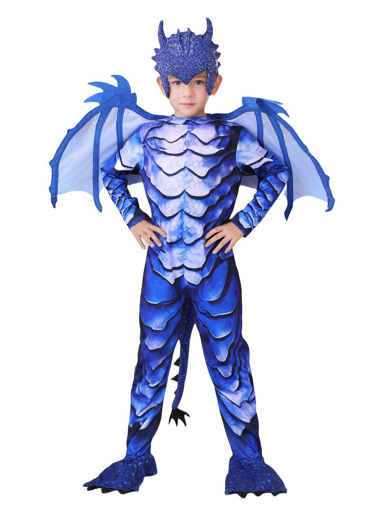 Boy Frost Blue Dragon Knight jumpsuit childrens Halloween carnival themed party costume with wing tail mask W240914