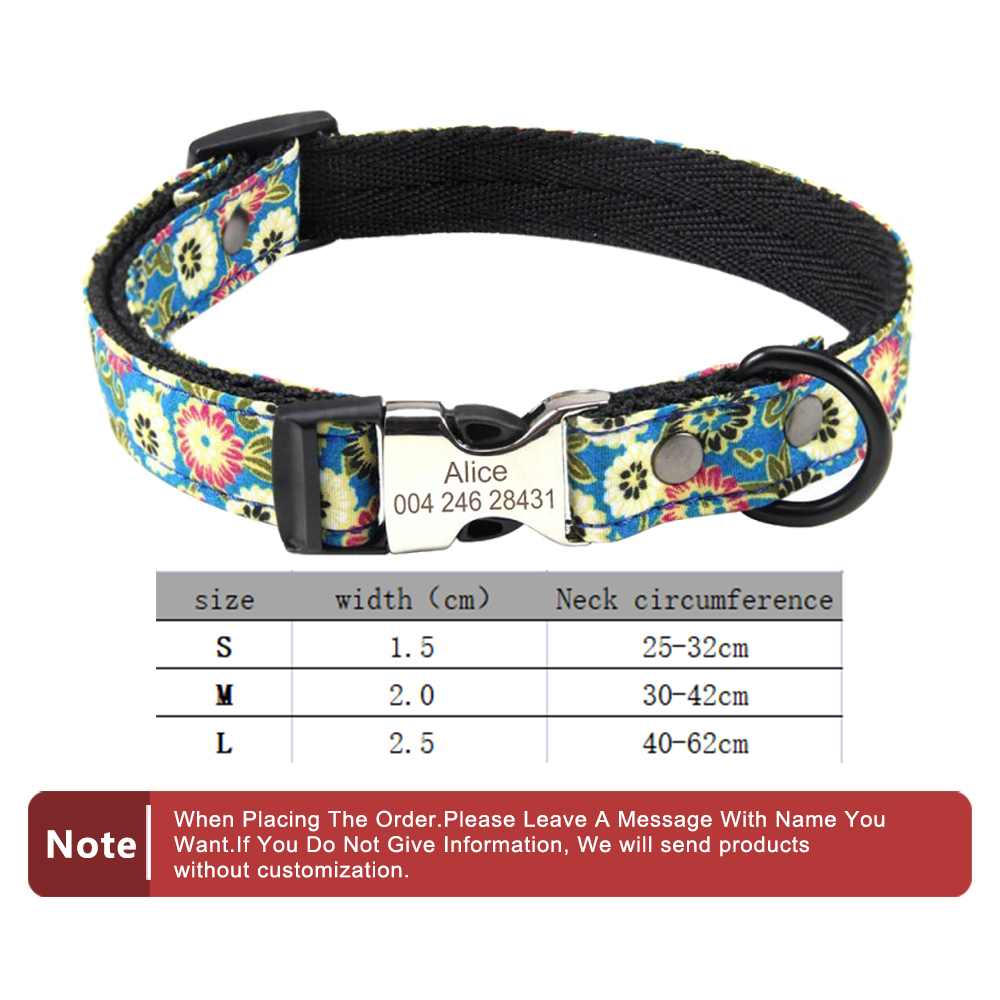 Personalized Dog Collar with Adjustable Custom Engraved Name Tag Floral Dog Collar with Metal Buckle for Large,Medium Dogs Puppy