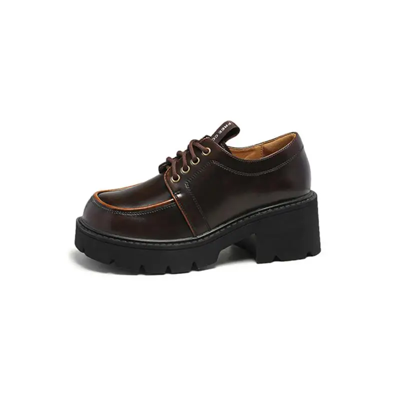 New Women's Oxford Shoes Lace Up Loafers Retro Style Split Leather Material Chunky Platform Round Toe Handmade Shoes