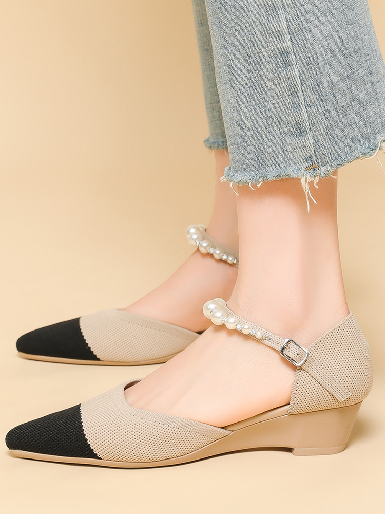 Fashionable Sexy Pointed Shallow Mouthed Women's Sandals Solid Color Pearl Wedge Heels Comfortable Versatile Low Heel Shoes