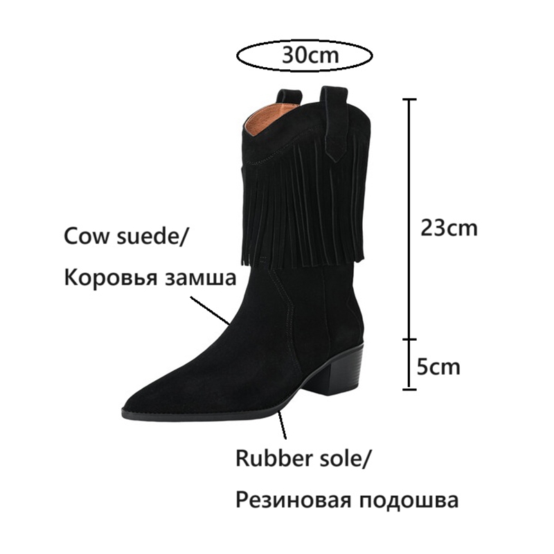 Autumn NEW Cow Suede Leather for Women Pointed Toe Chunky Heel Shoes Slip-on Tassels Black Western Boots d785