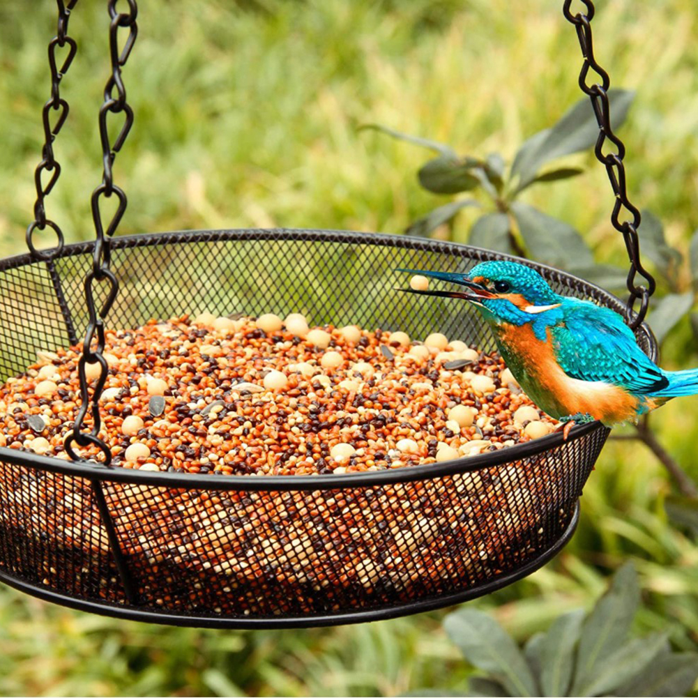 Hanging Bird Feeder Tray With 3 Sling Chain Hook Rust-proof Iron Mesh Platform Feeders Hanging Platform Bird Feeder Dish