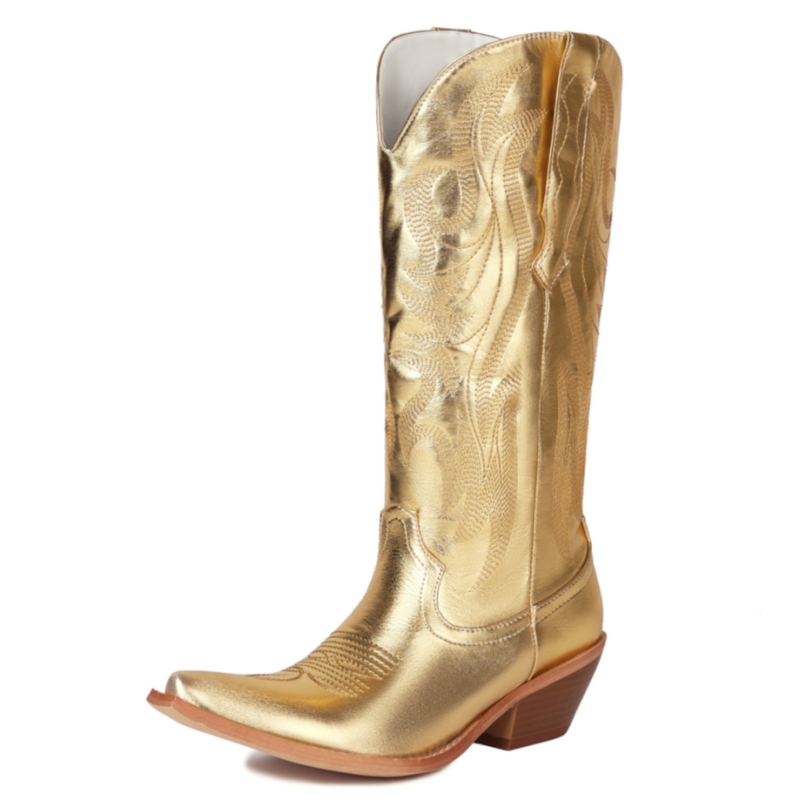 Women's White Knee High Boots 2023 Winter Western Cowboy Cowgirls Boot For Women Wedge Heels Gold Sier Party Shoes Lady e3e9