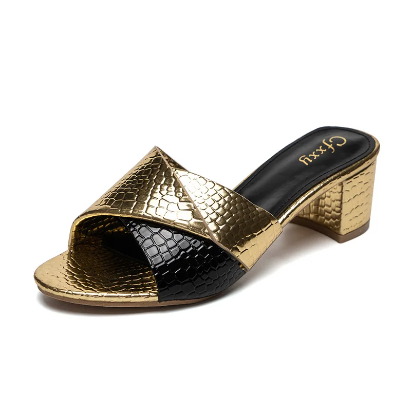 Women Slippers Summer Ladies Sexy Square Heels Pumps Fashion Snakeskin Slides OL Outdoor Casual Leather Sandals