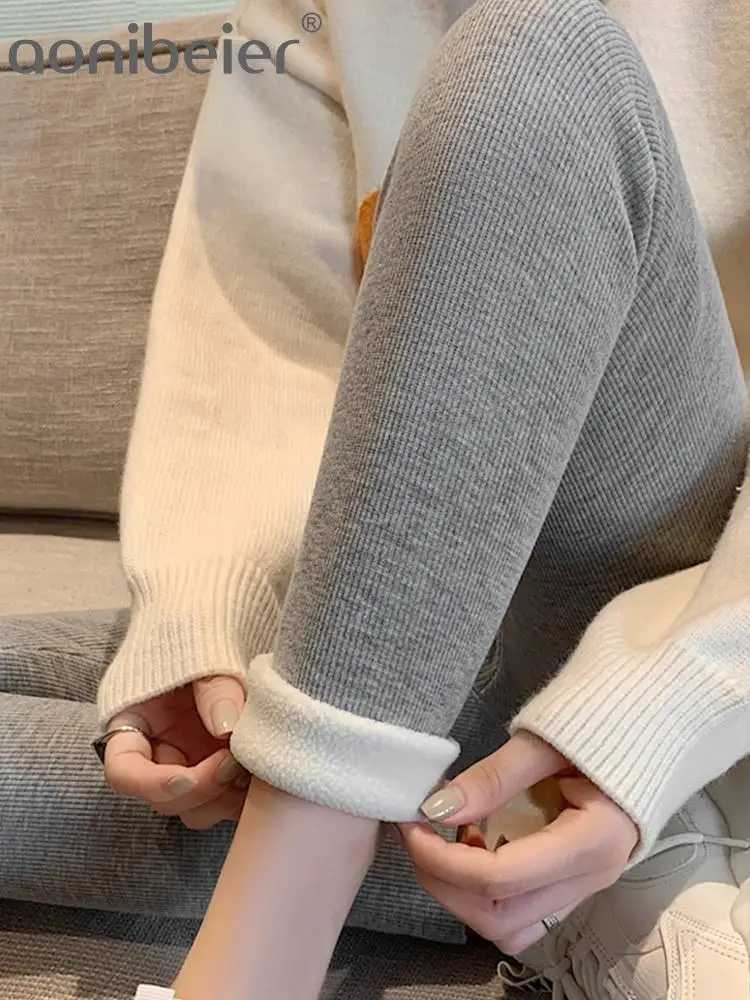 Aonibeier Warm Thick Women Fleece Leggings Traf 2023 Winter Embroidered Stretch Skinny Pencil Pant Faux Lambswool Tights LeggingX240914
