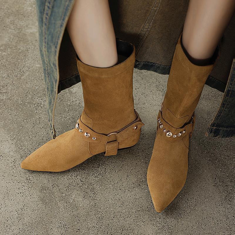 2024 New Autumn Winter Fashion Pointed Toe for Short Boots Women Shoes Chunky Heel Western 3bec