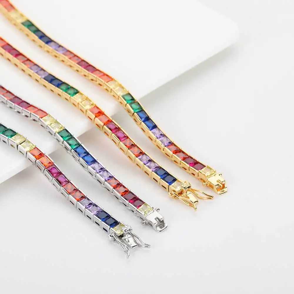 Pendant Necklaces 16-24 inch necklace and 7-9 inch bracelet mens/womens hip-hop jewelry 4mm square rainbow zircon tennis chain J240909