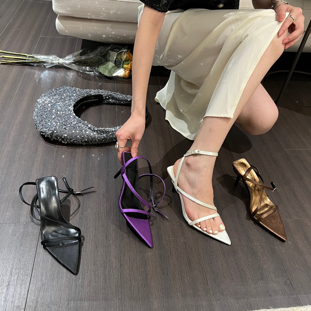 Silk Women Sandals Black Purple Brown Beige Summer Dress Shoes Thin High Heels Ankle Strap Fashion Dress Sandals Slides Mules 39
