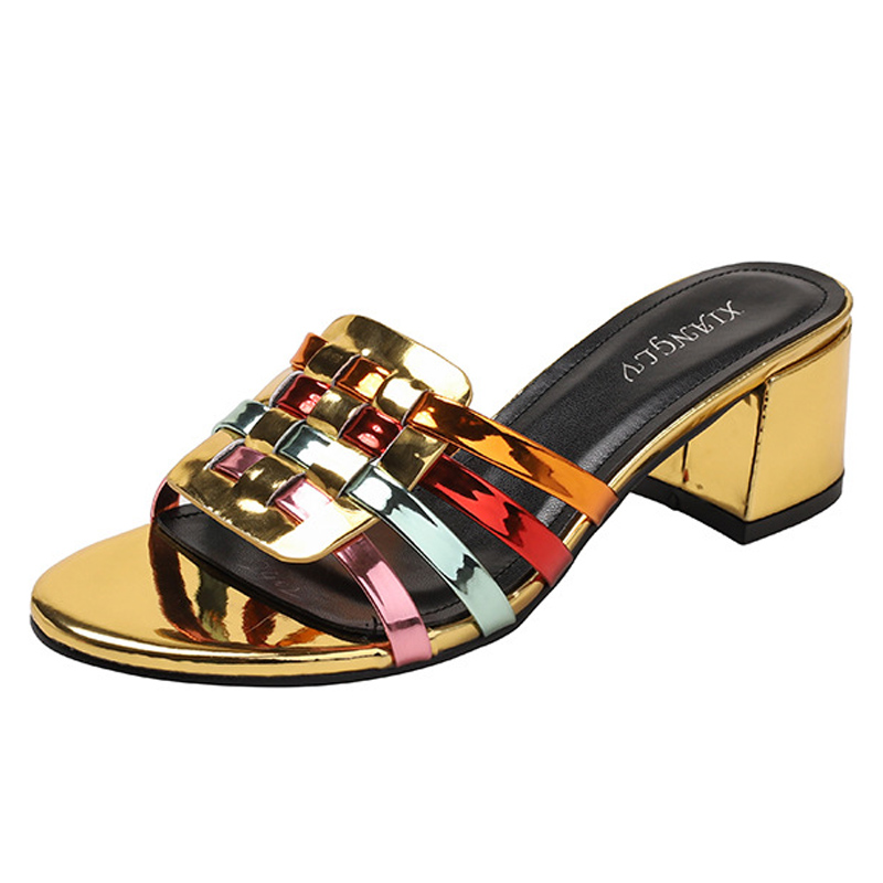 women's thick heels, colorful open toe slippers, fashionable wedding party, one line slippers, outdoor beach casual slippers