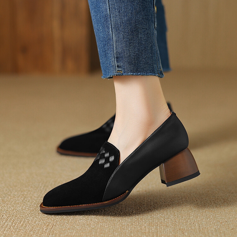 Spring/Autumn New NEW Loafers Sheep Suede Leather for Square Toe Chunky Heel Black Shoes Concise Weave Women Pumps 0f05