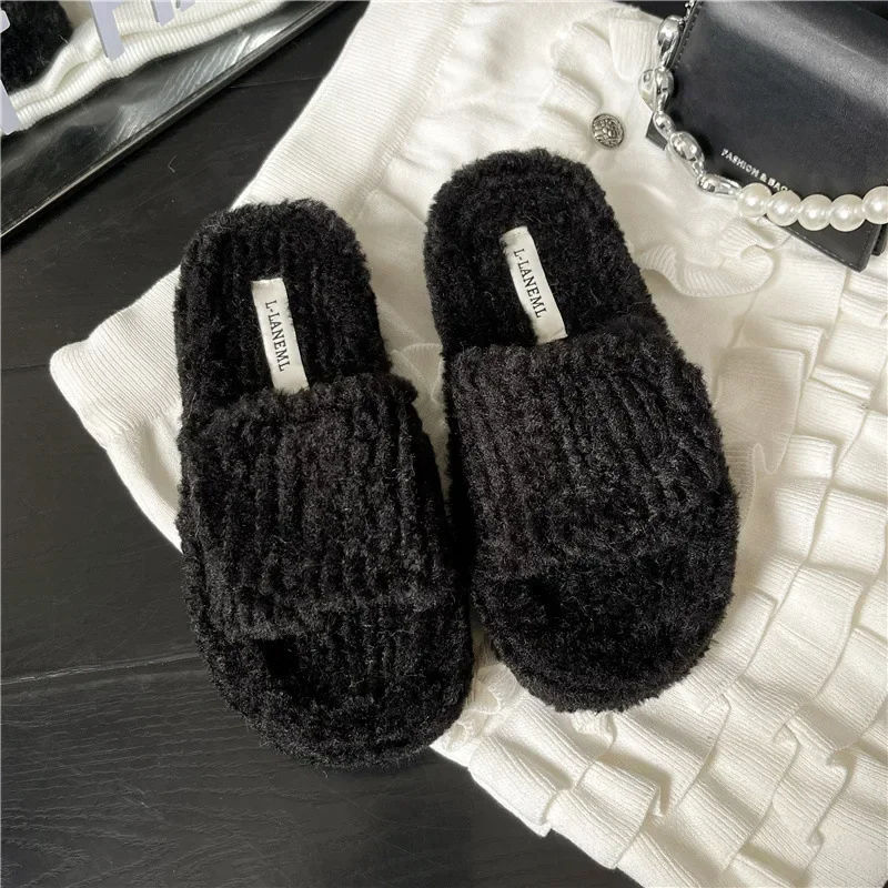 Women Home Plush Slippers Indoor Soft Peep Toe Cotton Slippers Fashion Home Bedroom Warm Plush Slides Fashion Fluffy Fur Shoes