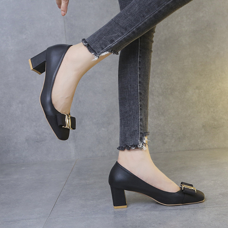 2021 spring new mid-heel thick heel metal square buckle leather temperament pumps square toe single shoes high heels women