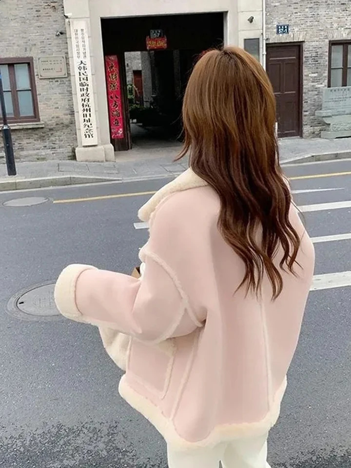 Winter Warm Plush Thick Casaco Casual Classic Cashmere Lining Jacket for Women Korean Chic Single Chest 240905