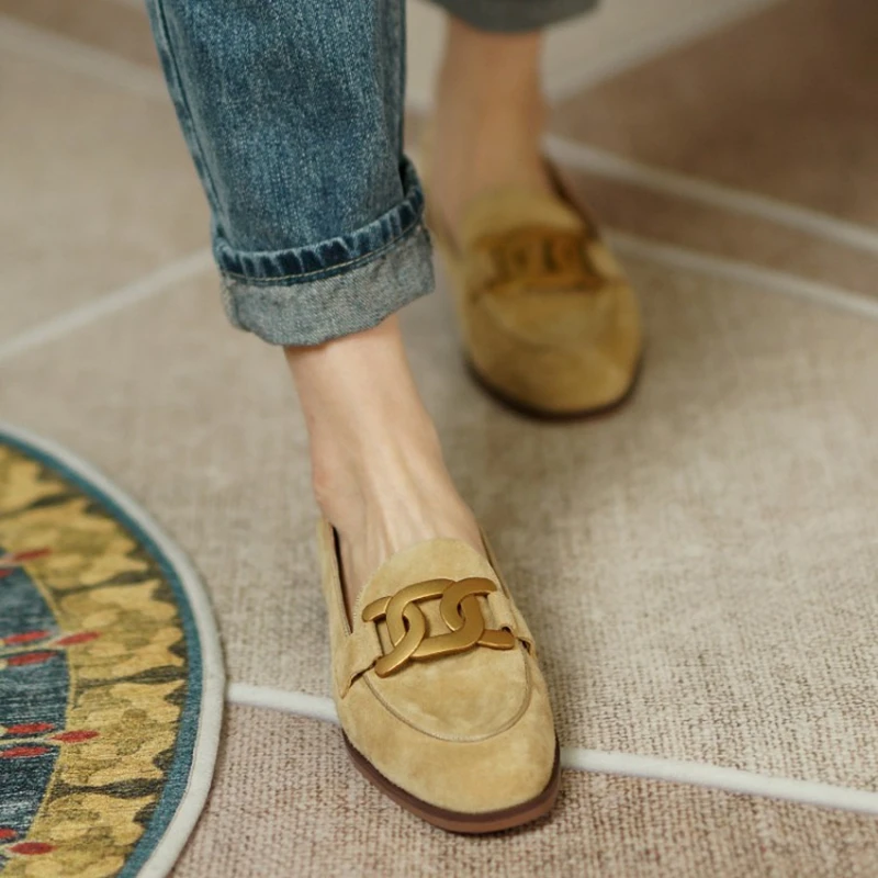 2024 New Spring Women Shoes Camel Buckle Casual Kid Suede Women Loafers Solid Low Heel Pumps Shoes for Women Moccasin Shoes