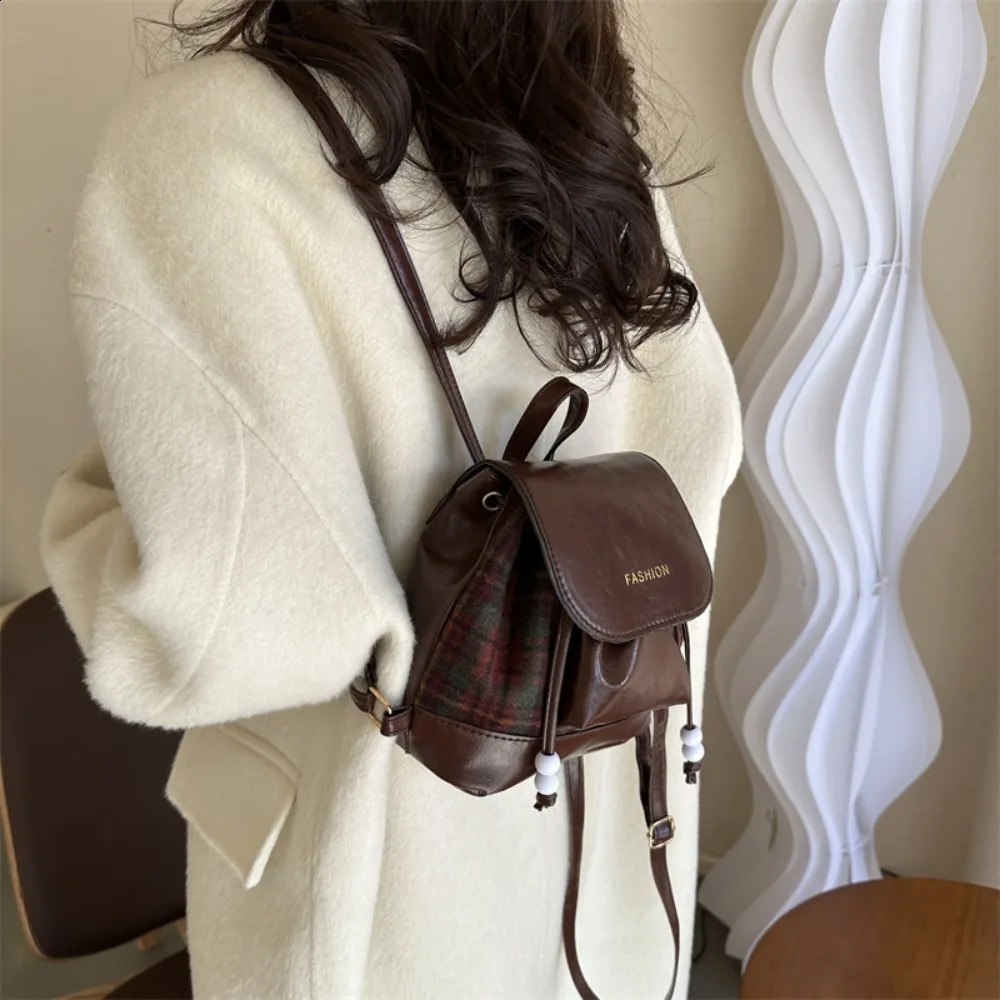 Creative PU Leather Travel Bag Wool Patchwork Drawstring Beading Bucket School Bag Checkered Bag 240912