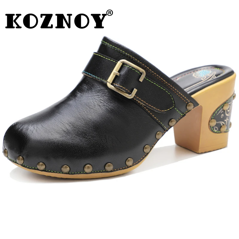 Koznoy 7.5cm Sheepskin Women Leather Chunky Heels Big Size Moccasins Metal Decoration Clogs Sandals Ethnic Summer Slippers Shoes