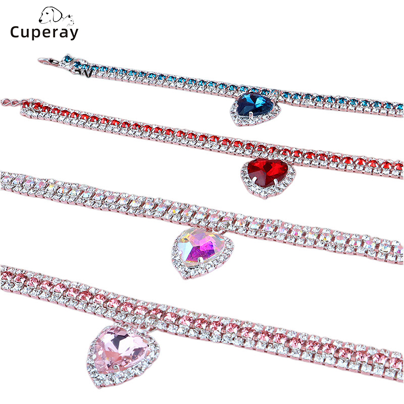 Pet Collar Necklace Jewelry,Three Drained Diamond Necklace Cat Collar with Love Pendant Three Sizes Available for Cats & Puppies