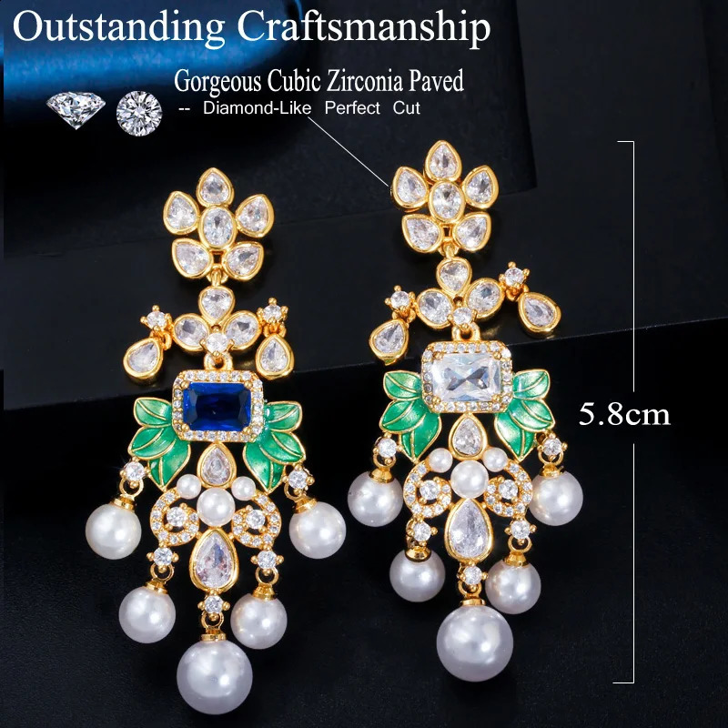 CWWZircons Flowers Cubic Zircon CZ Long Dangle Pearl Earrings for Women African Bridal Earring aretes de mujer modernos CZ656 240914