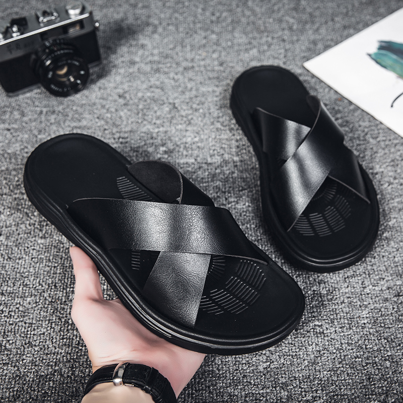 2025 new Leather Men's Sandals 2023 Summer Quality Slippers Casual Flat Bottomed Outdoor Beach Shoes Large Size 45 029d
