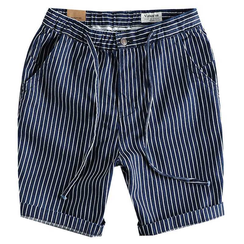 Retro Pinstripe Washed Denim Shorts for Men Blue Casual Loose Straight Half Pants for Youth Male 100% Cotton Harajuku VintageX240914