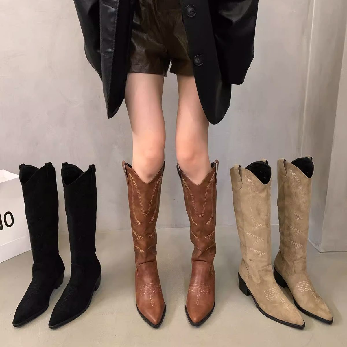 Cowgirl Woman Fashion Slip On Ladies Elegant Square Low Heel Knee High Boots Shoes Women's Winter Footwear c109