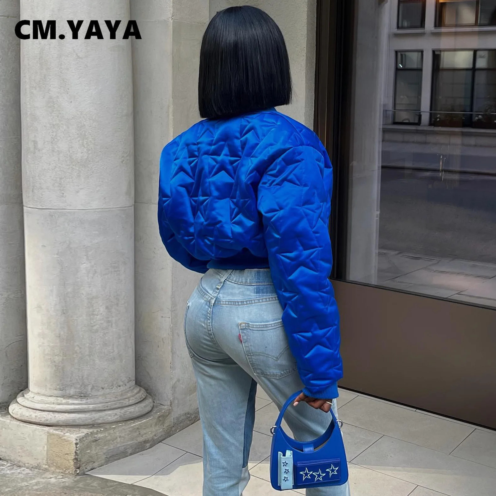 CM.YAYA Women Long Sleeve Star Zipper Fly Baseball Style Parkas Jackets Autumn Winter Keep Warm Outcoats Jacket 240914