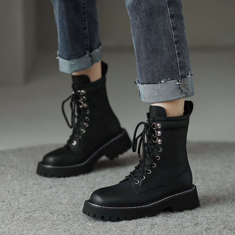 2025 new JOZHAMTA Size 34-39 Winter For Women Mid Calf Thick Heels Shoes Womans Lace-Up Platform Boot Ins Fashion Motorcycle Boots