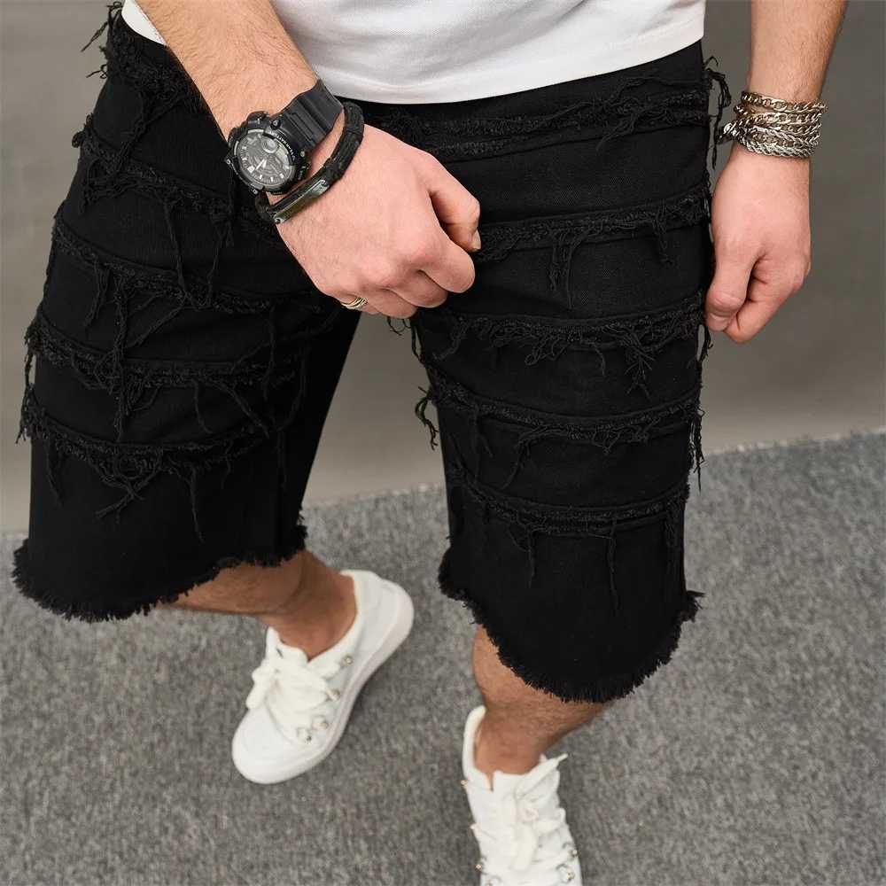 New Summer Streetwear Men Ripped Splicing Slim fit Denim Shorts Stylish Male Solid Straight Casual Jean Five-point PantsX240914