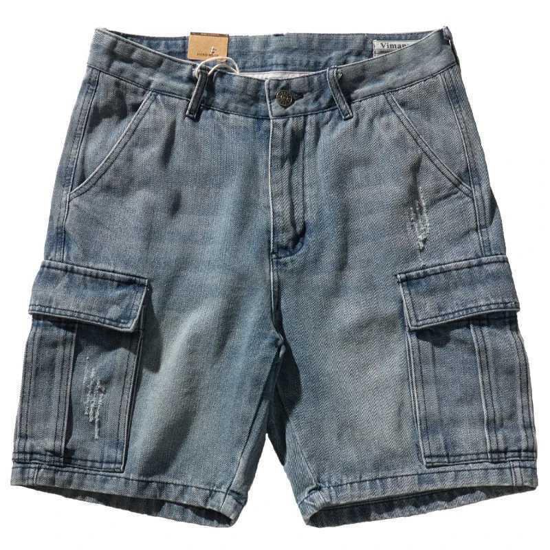 American Heavy Washed Cotton Denim Shorts for Men Loose straight half jeans pants 2024 Summer Vintage Cargo Workwear knee lengthX240914
