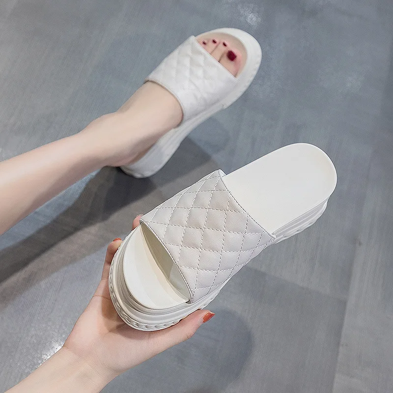 7cm Platform Slippers Wedge Shoes Beach Genuine Leather Women Summer Shoes Breathable Slides Beach Shoes Black Summer