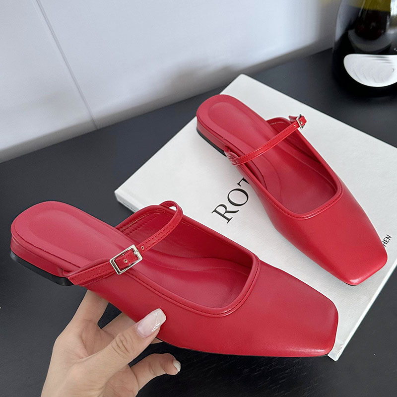 Female New Designer Fashion Square Toe Ladies Sandals Red Footwear Flats Slippers Mules Shoes New For Women 00dd