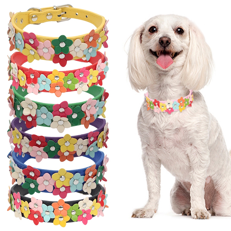 Colorful Flower Pet Dog Collar Leash Cute PU Leather Adjustable Dog Cat Neck Strap Necklace Pet Accessories For Kitten Puppy