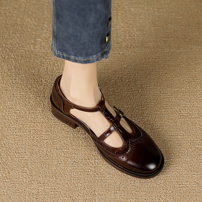 Summer NEW Sandals Genuine Leather for New Women Round Chunky Toe Brogue Cover Heel Black Shoes 8767