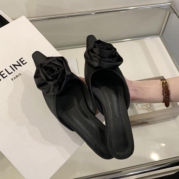 Shoes Female Slippers Casual Square heel Low Cover Toe Slides wer 2024 Block Flat Summer Pointed Fashion Fabric Rubber ecb7 04f