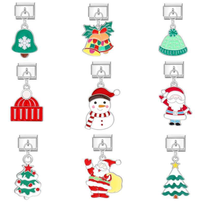 New Women's Gift Christmas hat Snowman Santa Claus Pendant Italian Charms Links Bangle Beads Fit 9mm Stainless Steel Bracelet Making DIY For Wome