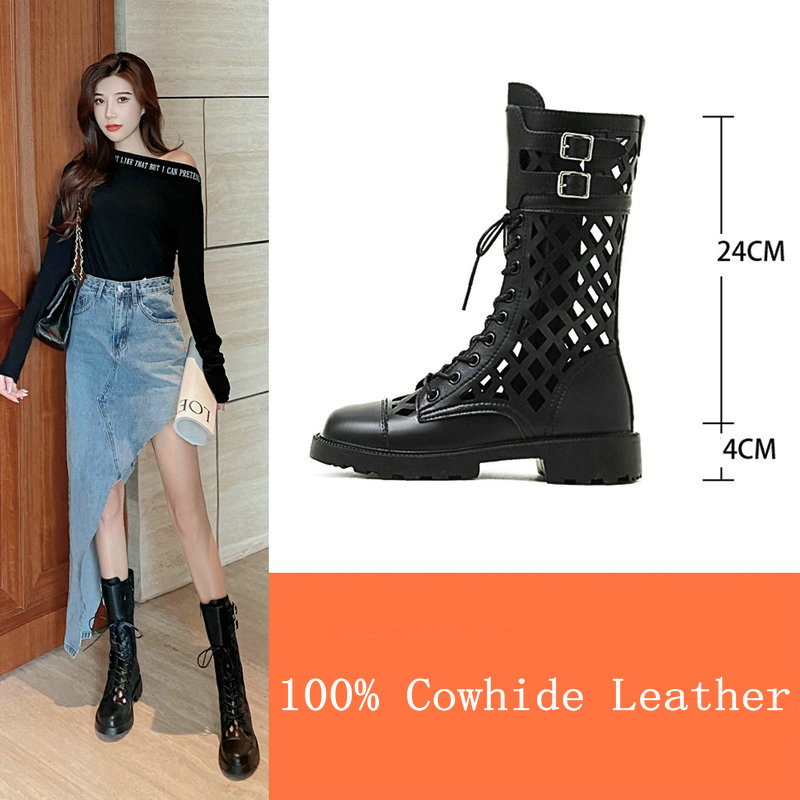 New 2024 Fashion Women Chunky Platform Ankle Black White Summer Hollow Out Breathable Cowhide Leather Zipper Middle Boots 39fd - view 5