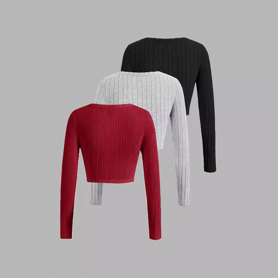 Women's T Shirts V-neck T-shirt autumn and winter temperament slim fit short top 3 pieces per pack