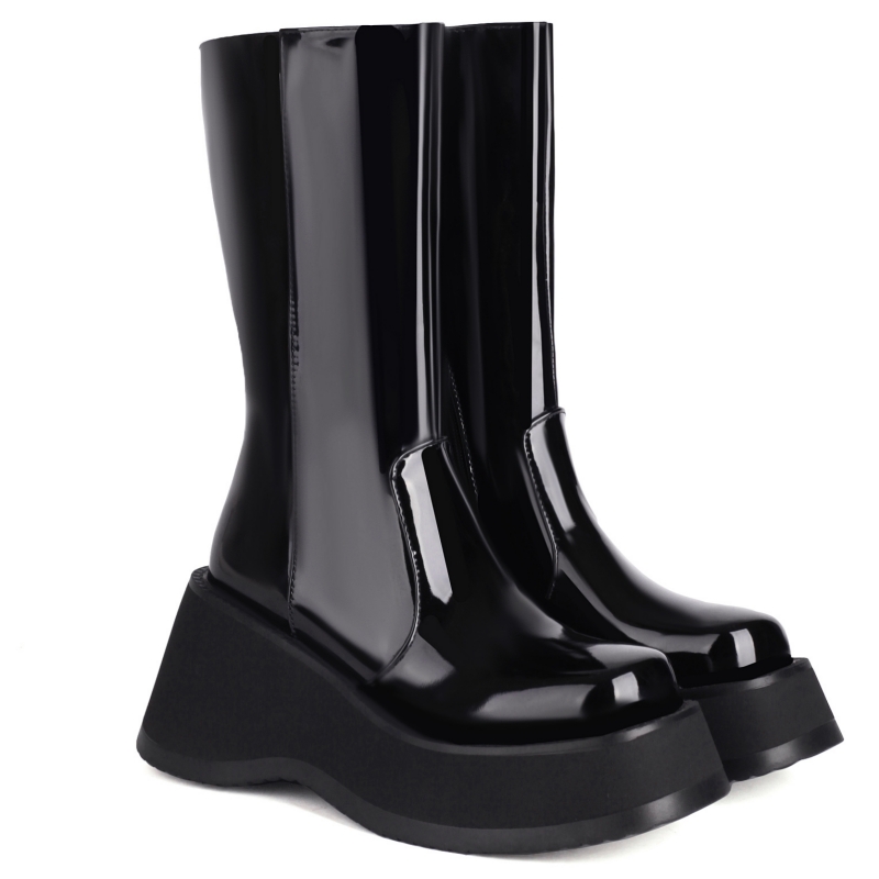 Women's Sexy Mid-calf High Platform Punk Goth Wedge Heels Black Combat Boots Autumn Winter Party Dance Shoes Ladies Brand 1dcd