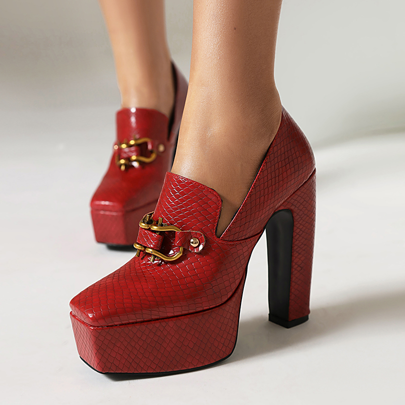 2024 New Stone Pattern Metal Buckle Ultra High Thick Heel Pumps Square Toe Waterproof Platform Rivet Breathable High Heels