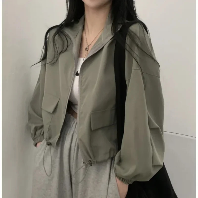 Springsummer Thin Sun Protection Windproof Retro Versatile Workwear Drawstring Cropped Baseball Jacket Top Coat Trendy 240914