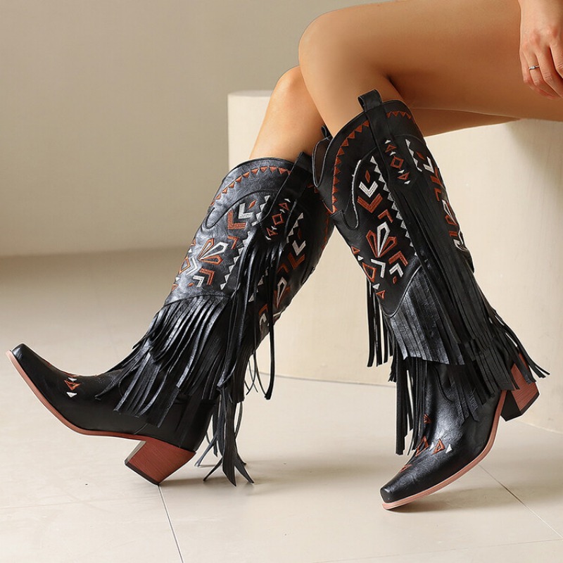 2024 Women Vintage Tassel Embroidered Western Cowboy Autumn Winter New Fashion Thick Heel Mid Length Long Boots 34-48