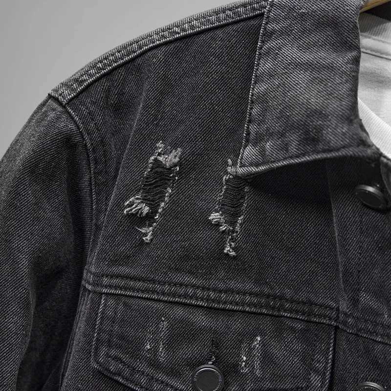 New black denim jacket for 2024 simple personalized design trend of holes mens jacket thin touch mens top W240914