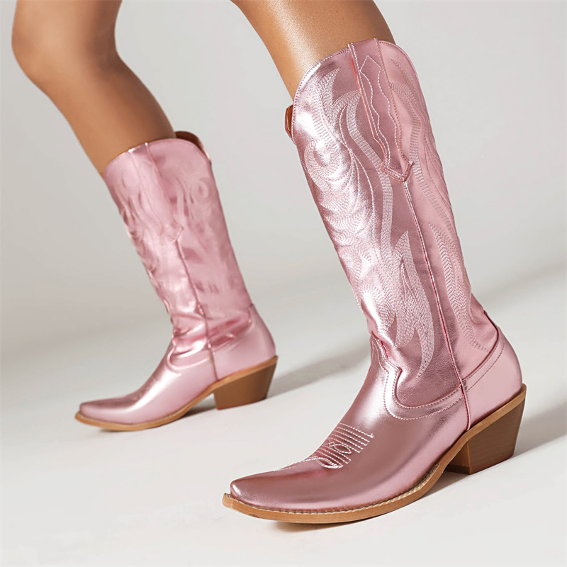 Women's White Knee High Boots 2023 Winter Western Cowboy Cowgirls Boot For Women Wedge Heels Gold Sier Party Shoes Lady e3e9
