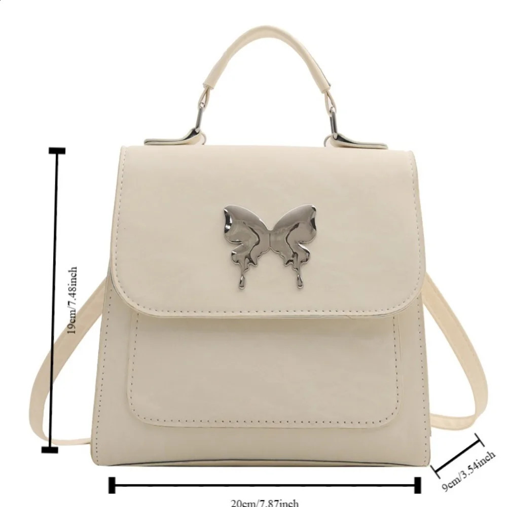Large capacity Korean square backpack with butterfly pattern Pu leather backpack solid color handbag Y2k student backpack 240912