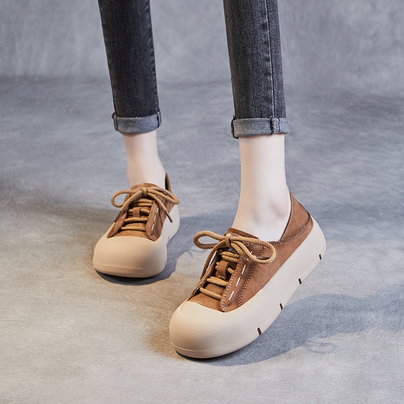 Retro Genuine Leather Lace-Up Round Toe Women's Platform Shoes 4