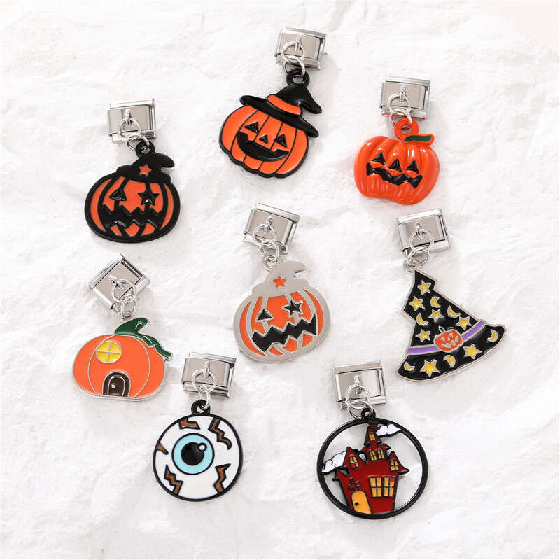 New Women's Gift Halloween Pumpkin Lamp Pendant Italian Charms Links Bangle Beads Fit 9mm Stainless Steel Bracelet Making DIY For Women Fashion J